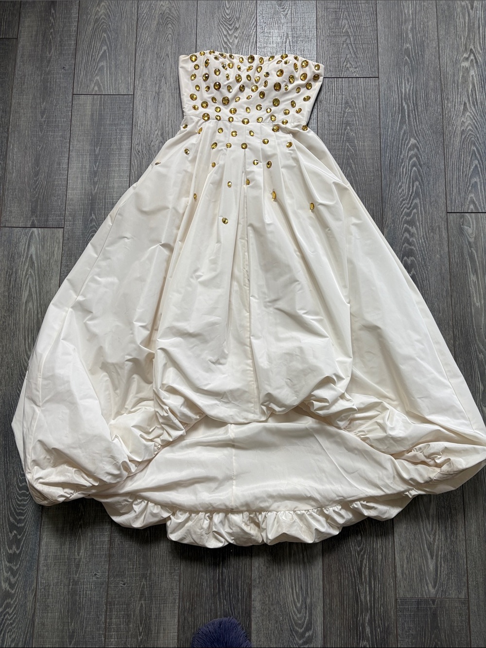BCBGMaxAzria Cream Strapless Ball Gown with Gold Accent Beading
